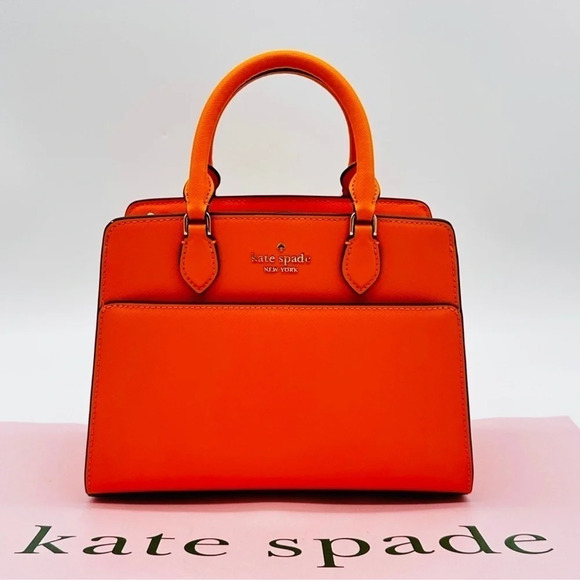 Kate Spade Madison Saffiano Leather Small Satchel Bag Orange/Gold - Picture 1 of 11